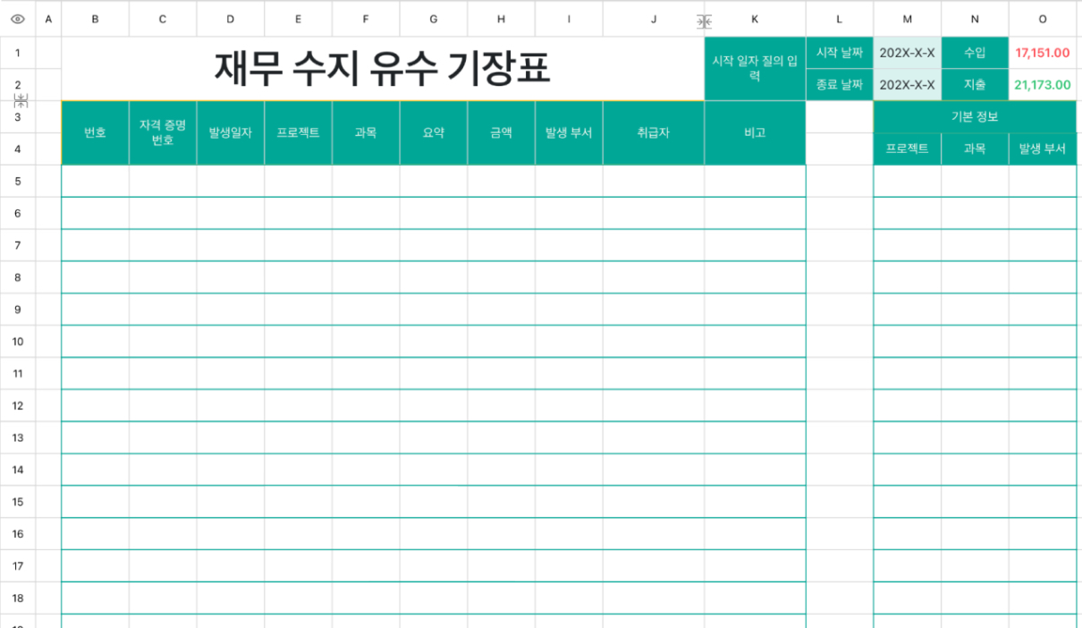 재무 수지 유수 기장표